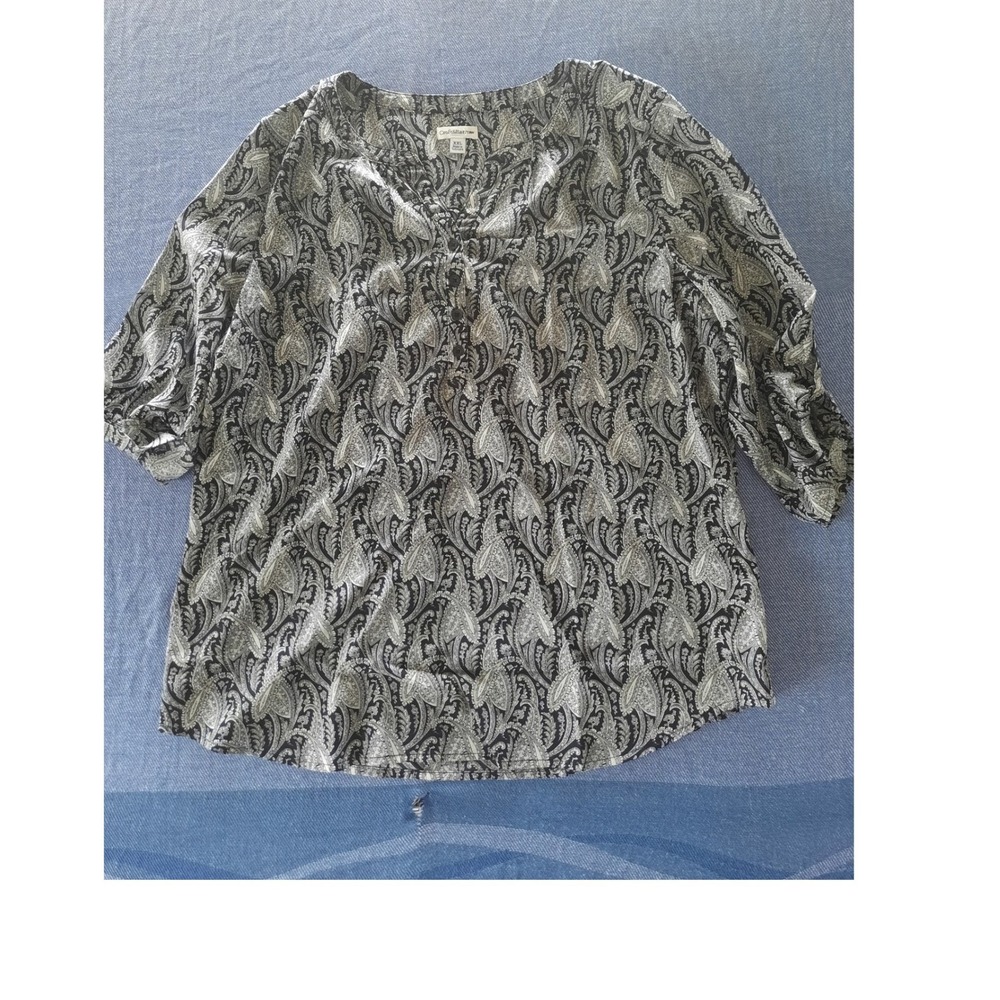 Croft & Barrow Womens XXL Black Paisley Roll Tab Sleeve Split Neck Blouse Top